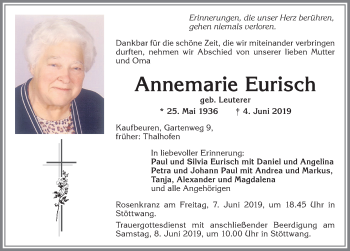 Traueranzeige von Annemarie Eurisch von Allgäuer Zeitung, Kaufbeuren/Buchloe