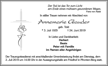 Traueranzeige von Annemarie Glauder von Allgäuer Zeitung, Füssen