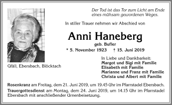 Traueranzeige von Anni Haneberg von Allgäuer Zeitung, Marktoberdorf