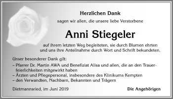 Traueranzeige von Anni Stiegeler von Allgäuer Zeitung,Kempten