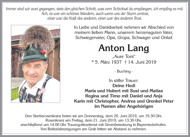  Traueranzeige für Anton Lang vom 18.06.2019 aus Allgäuer Zeitung, Füssen