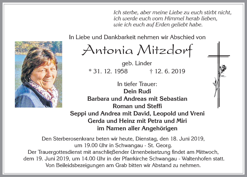  Traueranzeige für Antonia Mitzdorf vom 18.06.2019 aus Allgäuer Zeitung, Füssen