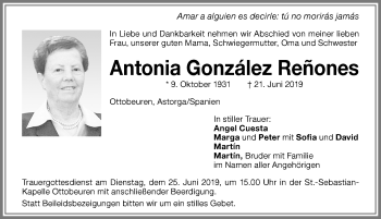 Traueranzeige von Antonia González Reñones von Memminger Zeitung