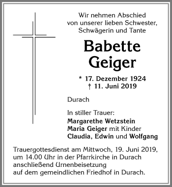 Traueranzeige von Babette Geiger von Allgäuer Zeitung,Kempten