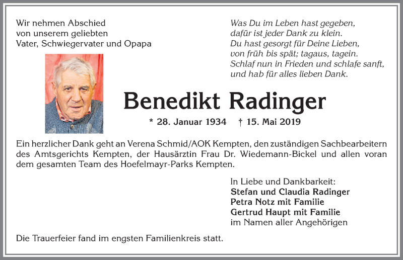  Traueranzeige für Benedikt Radinger vom 08.06.2019 aus Allgäuer Zeitung,Kempten