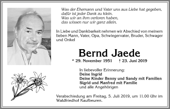 Traueranzeige von Bernd Jaede von Allgäuer Zeitung, Kaufbeuren/Buchloe