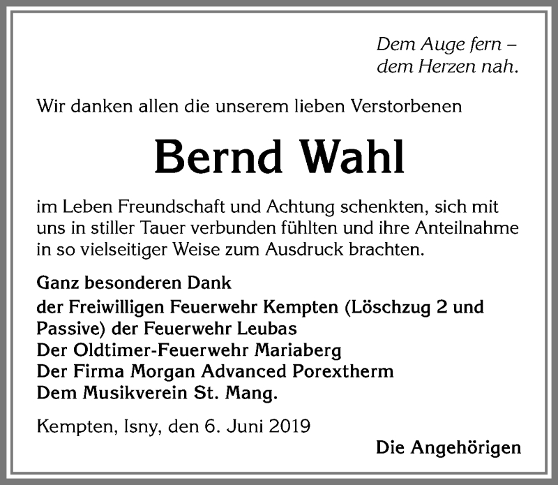  Traueranzeige für Bernd Wahl vom 13.06.2019 aus Allgäuer Zeitung,Kempten