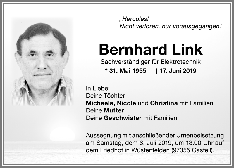  Traueranzeige für Bernhard Link vom 27.06.2019 aus Memminger Zeitung