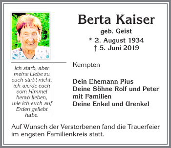 Traueranzeige von Berta Kaiser von Allgäuer Zeitung,Kempten
