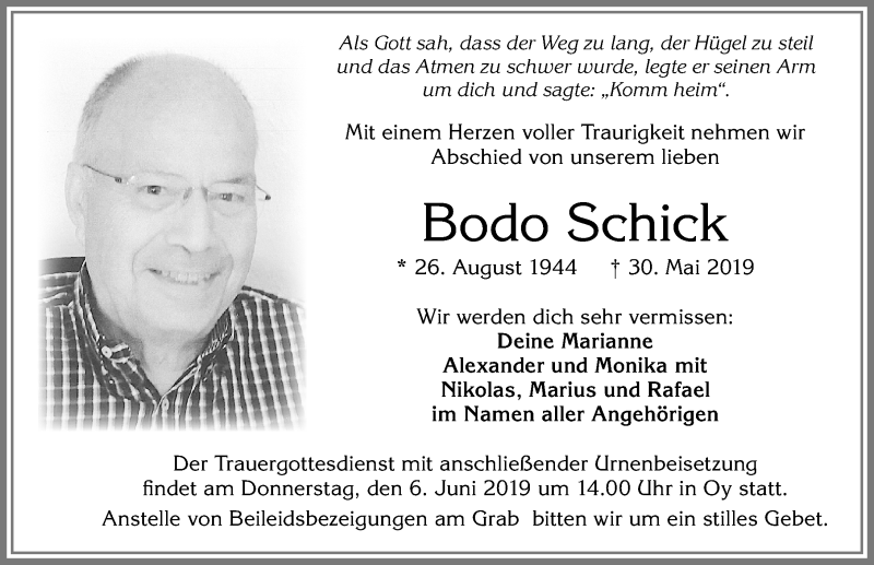  Traueranzeige für Bodo Schick vom 04.06.2019 aus Allgäuer Zeitung,Kempten
