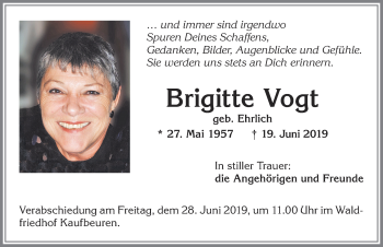 Traueranzeige von Brigitte Vogt von Allgäuer Zeitung, Kaufbeuren/Buchloe