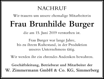 Traueranzeige von Brunhilde Burger von Der Westallgäuer