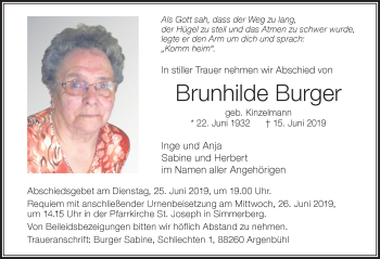 Traueranzeige von Brunhilde Burger von Der Westallgäuer