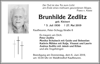 Traueranzeige von Brunhilde Zedlitz von Allgäuer Zeitung, Kaufbeuren/Buchloe