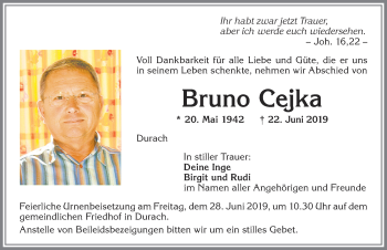 Traueranzeige von Bruno Cejka von Allgäuer Zeitung,Kempten
