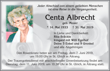 Traueranzeige von Centa Albrecht von Allgäuer Zeitung, Marktoberdorf