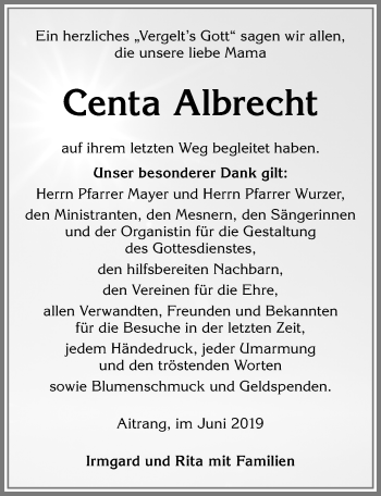 Traueranzeige von Centa Albrecht von Allgäuer Zeitung, Marktoberdorf
