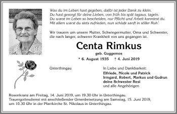 Traueranzeige von Centa Rimkus von Allgäuer Zeitung, Marktoberdorf