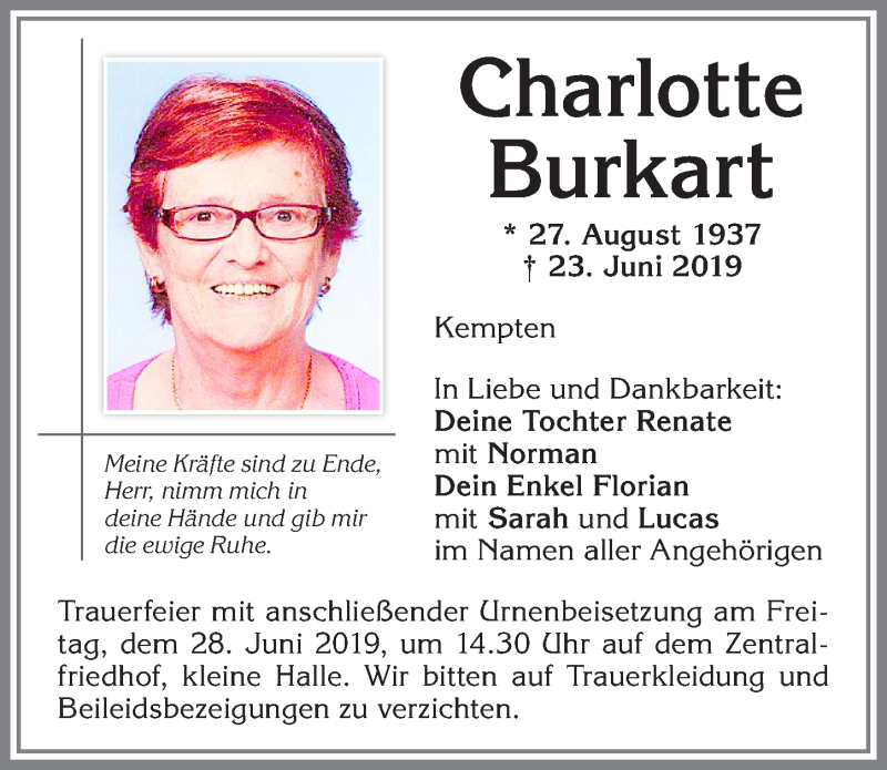  Traueranzeige für Charlotte Burkart vom 25.06.2019 aus Allgäuer Zeitung,Kempten