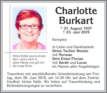 Traueranzeige von Charlotte Burkart von Allgäuer Zeitung,Kempten