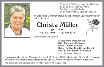 Traueranzeige von Christa Müller von Allgäuer Zeitung, Kaufbeuren/Buchloe