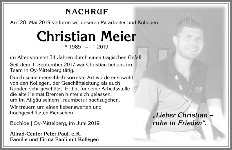  Traueranzeige für Christian Meier vom 01.06.2019 aus Allgäuer Zeitung