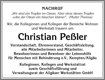 Traueranzeige von Christian Peßler von Allgäuer Zeitung,Kempten