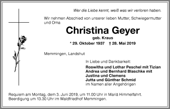Traueranzeige von Christina Geyer von Memminger Zeitung