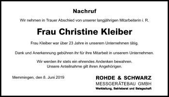 Traueranzeige von Christine Kleiber von Memminger Zeitung