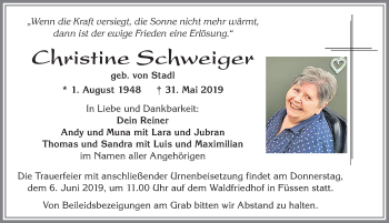 Traueranzeige von Christine Schweiger von Allgäuer Zeitung, Füssen