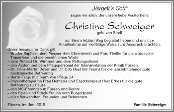 Traueranzeige von Christine Schweiger von Allgäuer Zeitung, Füssen