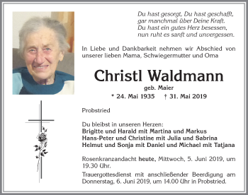 Traueranzeige von Christl Waldmann von Allgäuer Zeitung,Kempten