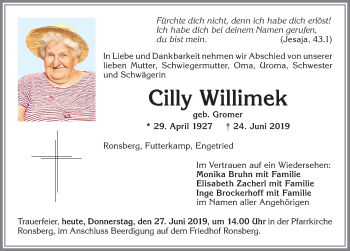 Traueranzeige von Cilly Willimek von Allgäuer Zeitung, Marktoberdorf