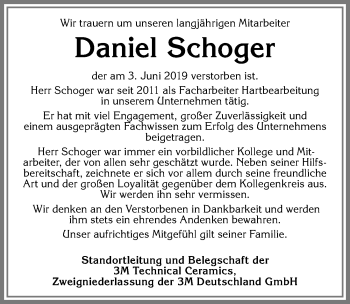 Traueranzeige von Daniel Schoger von Allgäuer Zeitung,Kempten