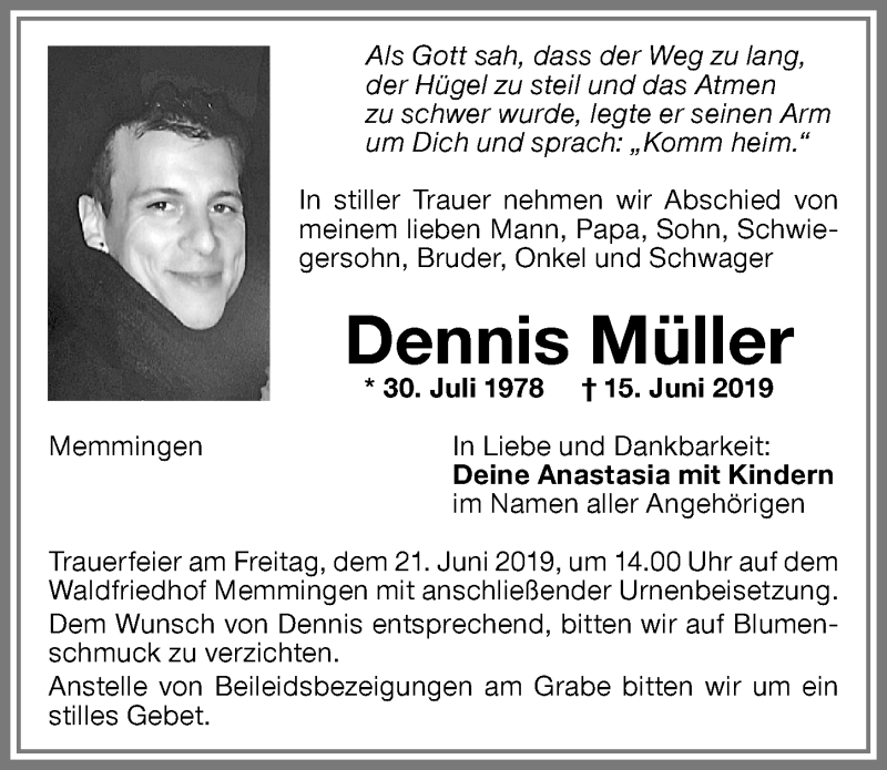  Traueranzeige für Dennis Müller vom 18.06.2019 aus Memminger Zeitung