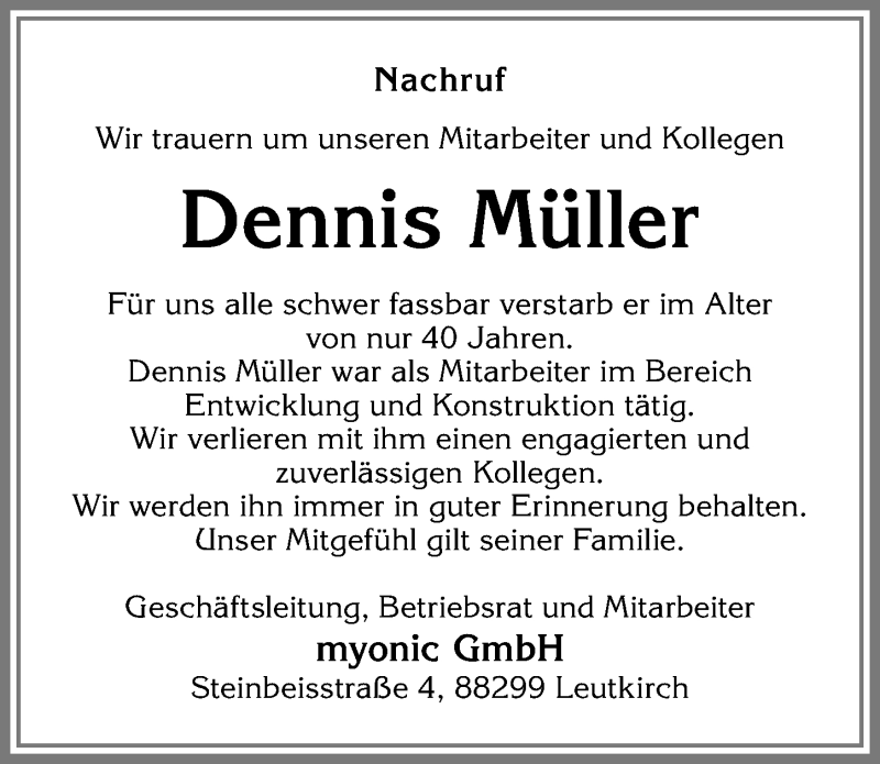  Traueranzeige für Dennis Müller vom 21.06.2019 aus Memminger Zeitung