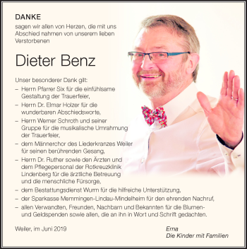 Traueranzeige von Dieter Benz von Der Westallgäuer