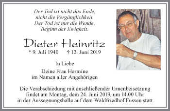 Traueranzeige von Dieter Heinritz von Allgäuer Zeitung, Füssen