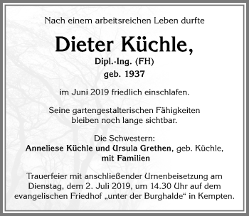 Traueranzeige von Dieter Küchle von Allgäuer Zeitung,Kempten