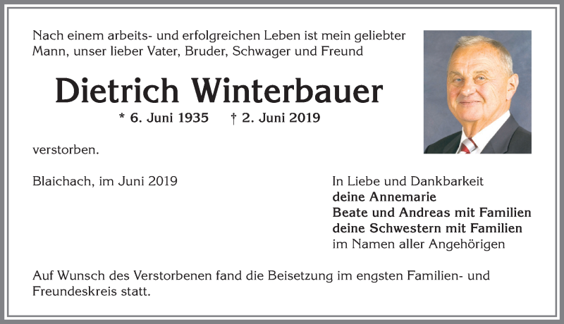 Traueranzeige für Dietrich Winterbauer vom 08.06.2019 aus Allgäuer Anzeigeblatt