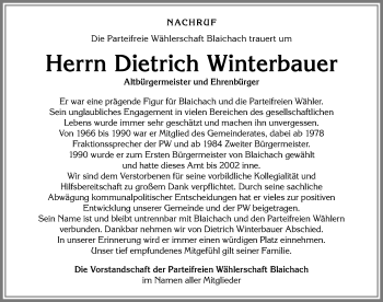 Traueranzeige von Dietrich Winterbauer von Allgäuer Anzeigeblatt