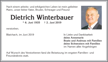 Traueranzeige von Dietrich Winterbauer von Allgäuer Anzeigeblatt