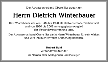 Traueranzeige von Dietrich Winterbauer von Allgäuer Anzeigeblatt