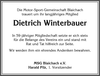 Traueranzeige von Dietrich Winterbauer von Allgäuer Anzeigeblatt