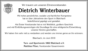 Traueranzeige von Dietrich Winterbauer von Allgäuer Anzeigeblatt