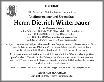 Traueranzeige von Dietrich Winterbauer von Allgäuer Anzeigeblatt