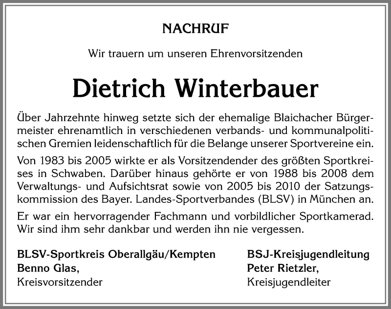  Traueranzeige für Dietrich Winterbauer vom 12.06.2019 aus Allgäuer Zeitung, Gesamtausgabe