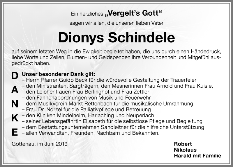  Traueranzeige für Dionys Schindele vom 08.06.2019 aus Memminger Zeitung