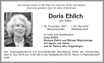 Traueranzeige von Doris Ehlich von Allgäuer Zeitung, Marktoberdorf