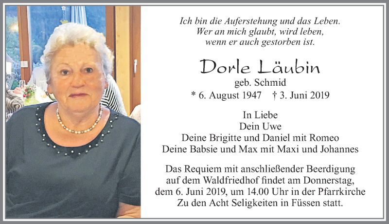  Traueranzeige für Dorle Läubin vom 04.06.2019 aus Allgäuer Zeitung, Füssen